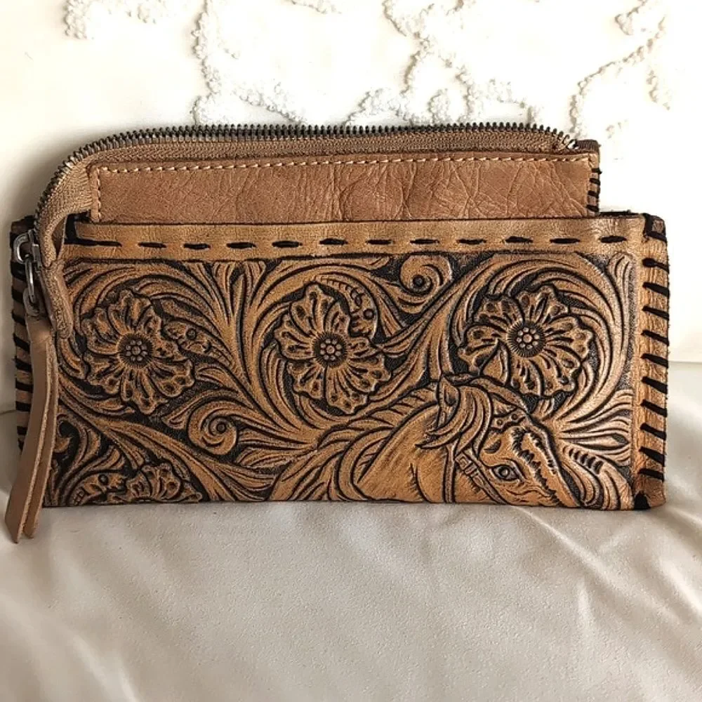 Western Artisan Hand Tooled Leather -Small Zip Pouchette